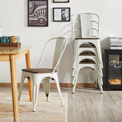 Yaheetech 18 Inch Classic Iron Metal Dining Chair with Wood Top/Seat Indoor-Outdoor Use Chic Bistro Cafe Side Barstool Bar Chair Distressed White, Set of 4