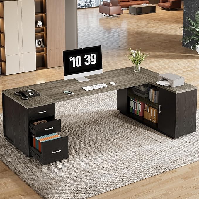 Tribesigns 85.8-Inch L-Shaped Executive Desk with File Drawers, Door Cabinet & Shelves, Extra Large Commercial Office Desk, Modern Professional Office Table Business Furniture, Grey & Black