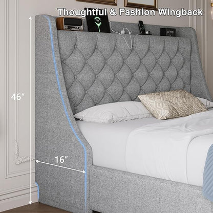 Queen Size Bed Frame with 4 Storage Drawers & Charging Station, Linen Upholstered Platform Bedframe, Button Tufted Wingback Headboard, Sturdy Wooden Slats, No Box Spring Needed, Light Grey