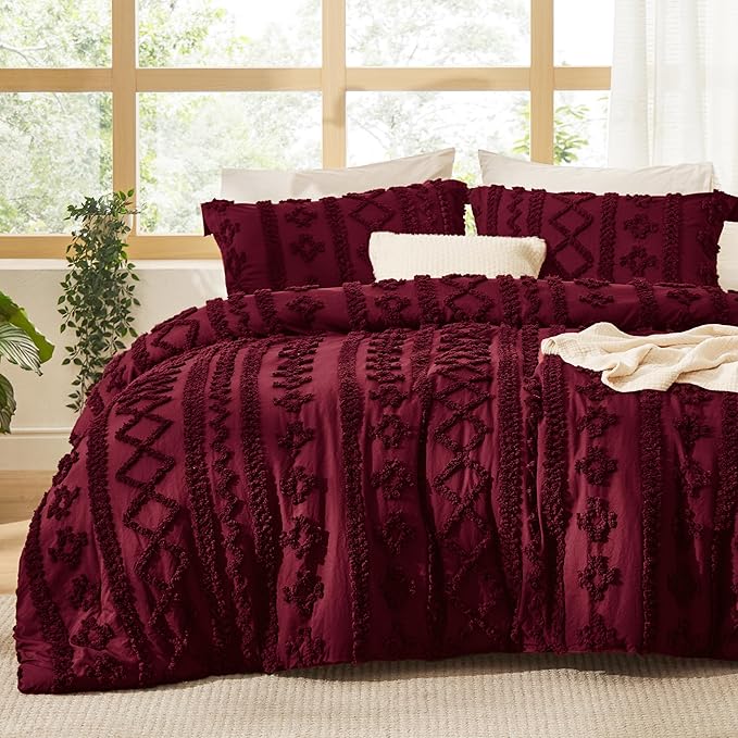 Bedsure Tufted Boho Comforter Set King Size - Dark Red Boho Bed Set, GentleSoft™ 3 Pieces Farmhouse Shabby Chic Embroidery Bedding, Gifts for Woman, Soft Jacquard King Comforter for All Seasons