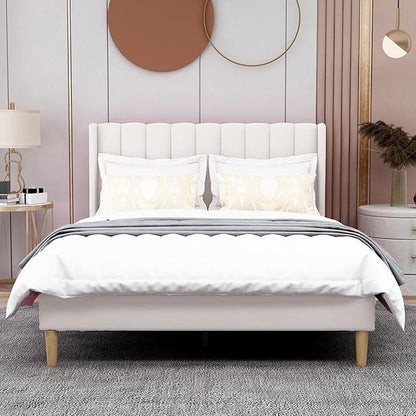 AGARTT Upholstered Platform Bed Frame Full Size with Headboard and Footboard/Wooden Slats Support/No Box Spring Needed/Easy Assembly,Beige Velvet