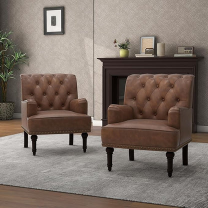 Pia Ricco PU Leather Accent Chair: Modern Nailhead Trim Armchair with Wooden Legs - Upholstered Reading Seat for Office, Living Room, Bedroom-Brown