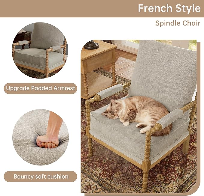 Morden Fort Linen Fabric Spindle Accent Chairs Set of 2, French Style Chairs with High Resilience Spring Cushion and Armrest Pads, Leisure Armchair for Living Room Bedroom Farmhouse Office Balcony