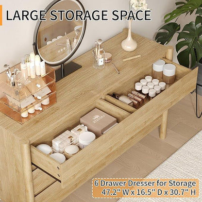 Dresser for Bedroom with 6 Drawers,47" Wide Oak Dresser with 4 Solid Wood Legs, Wooden TV Stand,Closet Clothes Organizer for Bedroom, Hallway