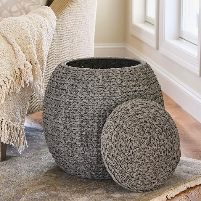 Household Essentials Handwoven Paper Rope Barrel Wicker Storage Basket Side Table, Gray