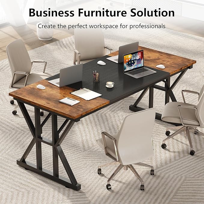 TVU 63-Inch Executive Desk, Large Office Desk with Thicken Frame, Computer Desk Modern Simple Desk for Home Office, Rustic Brown/Black