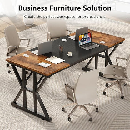 TVU 63-Inch Executive Desk, Large Office Desk with Thicken Frame, Computer Desk Modern Simple Desk for Home Office, Rustic Brown/Black