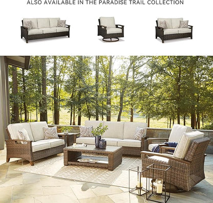 Signature Design by Ashley Paradise Trail Outdoor Patio Sofa with Cushion and 2 Throw Pillows, Cleanable Performance Fabric, Resin Wicker, Brown & Beige