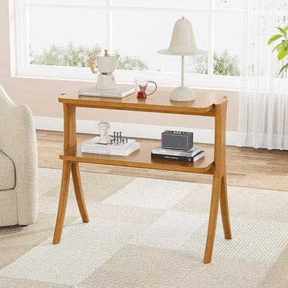Tribesigns Narrow Side Table for Living Room, Farmhouse End Table with 2-Tier Storage Shelf and Solid Wood Legs, Slim Tall Bedside Table Nightstand for Bedroom, Small Spaces, Entryway, Brown(1)
