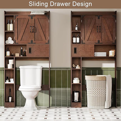 ChooChoo Over The Toilet Storage Cabinet, Farmhouse Bathroom Storage Cabinet with Sliding Door, Over Toilet Storage with Adjustable Shelves, Space-Saving, Walnut