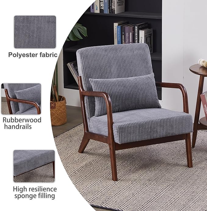 Accent Chairs, Mid-Century Modern Chair with Pillow, Armchair with Solid Wood, Reading Relaxing Leisure Chair for Living Room（Dark Grey/Walnut）
