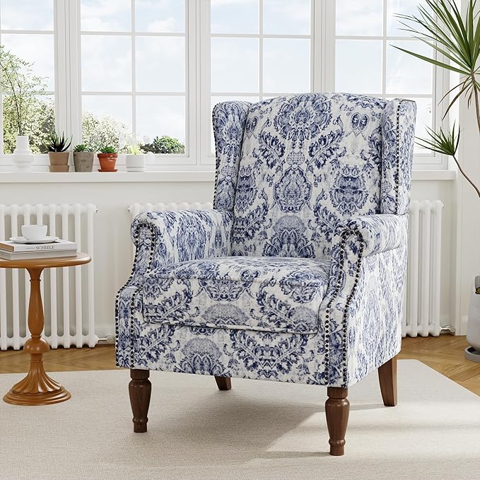 Accent Chair, Upholstered High Back Floral Armchair with Nailhead Trim & Wood Legs, Comfy Wingback Reading Single Sofa Chair for Small Spaces, Living Room, Bedroom ( Navy Blue Floral, Set of 1)