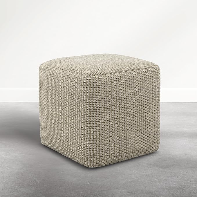 SIMPLIHOME Zelma Pouf - 18 inch Wide Upholstered Recycled PET Polyester Square Pouf Ottoman in Dune Beige, Boho Indoor/Outdoor Footstool for Patio or Living Room with Handwoven Design, Assembled