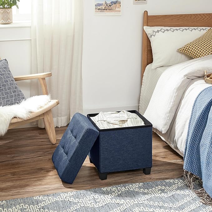 SONGMICS Storage Ottoman, Small Ottoman Foot Rest with Legs, 15 x 15 x 15.7 Inches Foot Stool, Load up to 660 lb, for Living Room, Bedroom, Dorm, Midnight Blue ULSF14IN