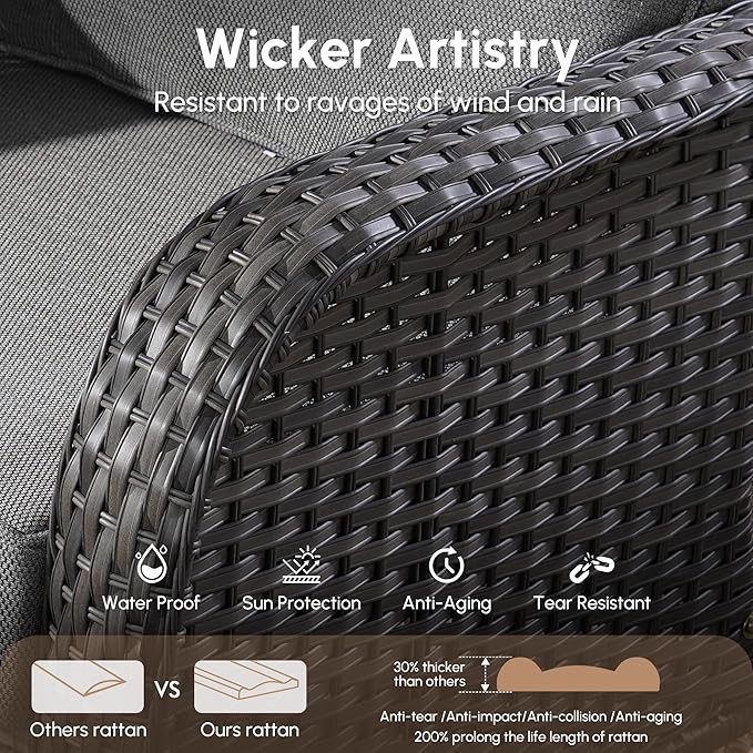 4 Pieces Wicker Patio Furniture - All-Weather PE Wicker Outdoor Conversation Bistro Set Loveseat Chairs with Table,Outdoor Rattan Sofa Chair High Back Deep Seating,Grey