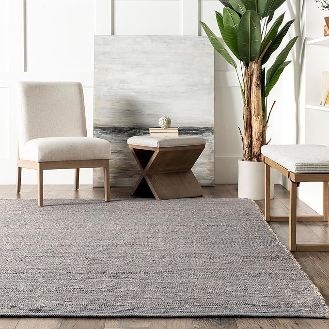 nuLOOM 6x9 Elfriede Jute & Cotton Hand Woven Area Rug, Grey, Solid Rustic Farmhouse Style, Weaved Design, Natural Fiber, For Bedroom, Living Room, Dining Room, Hallway, Office, Entryway