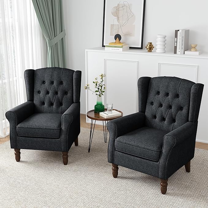 High Back Accent Chairs Set of 2, High Wingback Chair for Living Room, Button-Tufted Upholstered Fabric Armchair with Solid Wood Legs, Comfy Single Sofa Reading Chair for Bedroom, Dark Navy