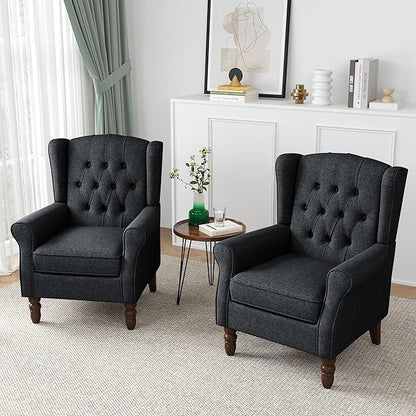 High Back Accent Chair, High Wingback Chair for Living Room, Button-Tufted Upholstered Fabric Armchair with Solid Wood Legs, Comfy Single Sofa Reading Chair for Bedroom, Dark Navy