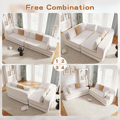 Cloud Sectional Sofa Modern Boneless Couch for Living Room, Comfy Deep Seat Comfy Teddy Fabric Double Sofa Chaise No Assembly Required (White, 135"- 4 Seater)