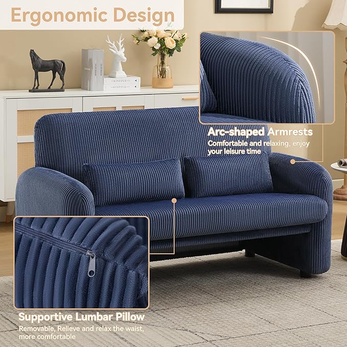 Corduroy Accent Living Room Sets, Modern Upholstered Love Seat with 2 Accent Chairs, Wide Comfy Leisure Chair Sets for Bedroom, Office, Blue