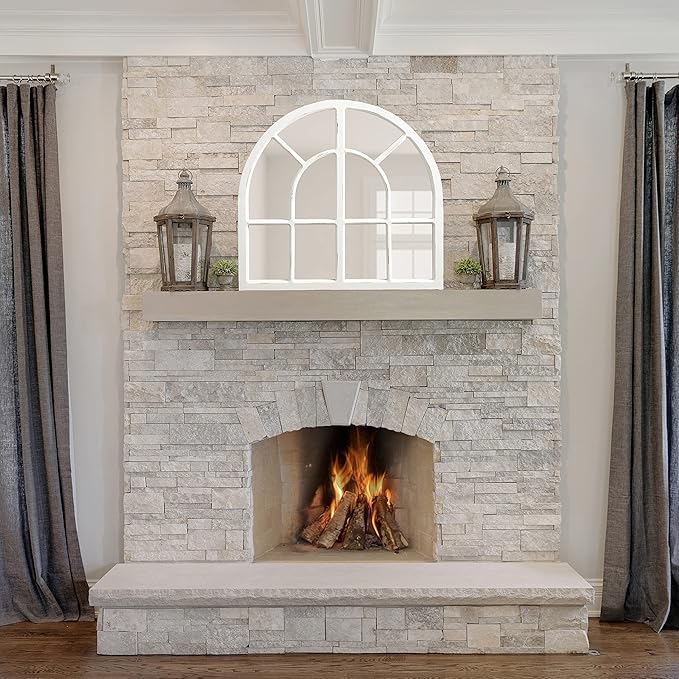 Kate and Laurel Boldmere Modern Farmhouse Wide Windowpane Arched Mirror; 30 x 29; White; Decorative Vintage Inspired Window Mirror for Farmhouse Wall Decor