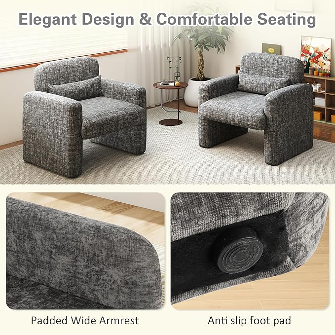 LSSPAID Modern Accent Chairs, Chenille Fabric Armchairs for Living Room, Comfy Upholstered Leisure Single Sofa Chair with Lumbar Pillow for Bedroom, Balcony, Office (Charcoal, Set of 2)