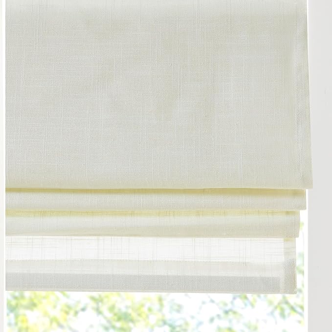 Madison Park Kyler Cordless Roman Shades - Single Panel, Lightweight Linen Blend Fabric, Natural Design, Easy Installation, Light Filtering Window Blind, Bedroom, Living Room Decor 31"W x 64"L Ivory