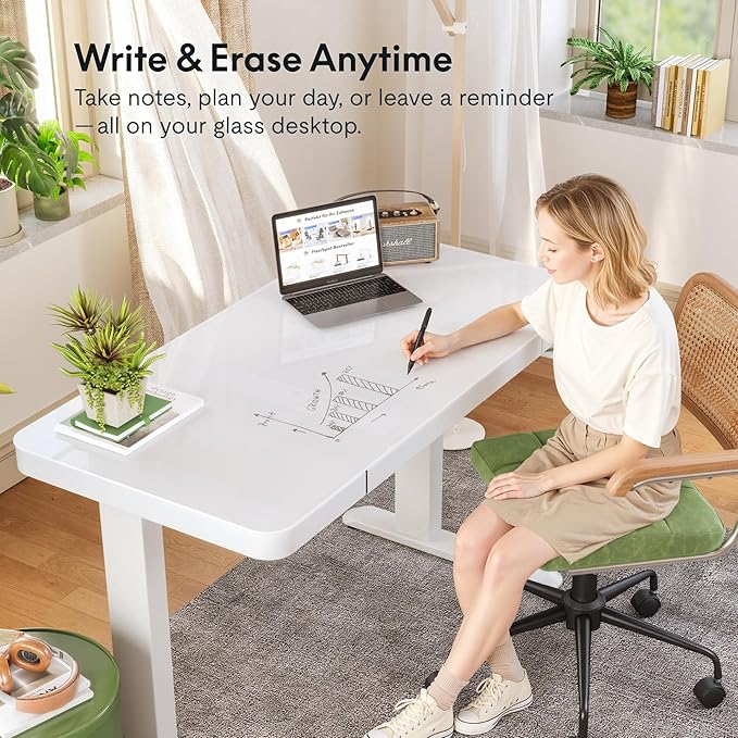 FLEXISPOT Electric Pure Glass Standing Desk with Drawer Desktop & USB Charge Ports, 48" Ergonomic Height Adjustable Sit to Stand Desk for Home Office (White, Glass)