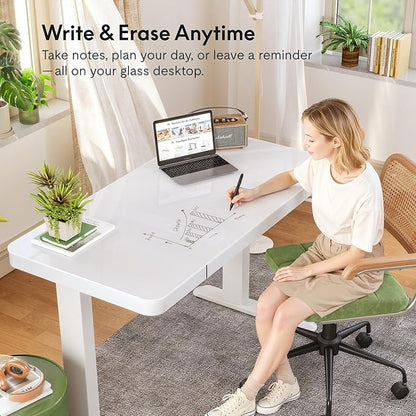 FLEXISPOT Electric Pure Glass Standing Desk with Drawer Desktop & USB Charge Ports, 48" Ergonomic Height Adjustable Sit to Stand Desk for Home Office (White, Glass)