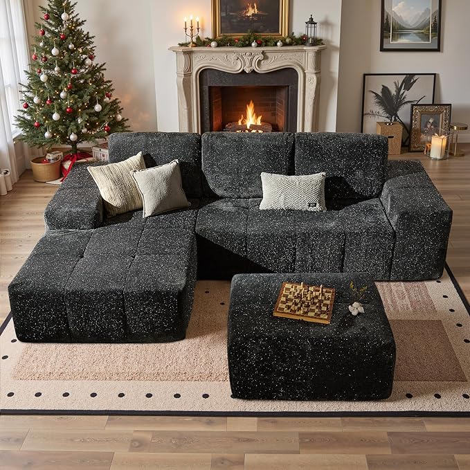 114" Glitter Cloud Sectional Couch with L-Shape Chaise & Ottoman, Modern Boneless Couches for Living Room, Fluffy Tufted Deep Seat Modular Sofa No Assembly (Gray Sparkly Velvet,Left Facing)
