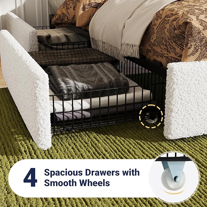 Allewie Queen Size Bed Frame with 4 Oversized Storage Drawers, Soft Teddy Fabric, Boucle Upholstered Platform Bed, Wooden Slats Support, Noise-Free, No Box Spring Needed, Easy Assembly, White