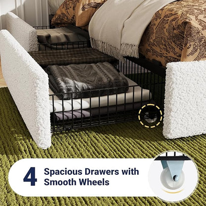 Allewie Queen Size Bed Frame with 4 Oversized Storage Drawers, Soft Teddy Fabric, Boucle Upholstered Platform Bed, Wooden Slats Support, Noise-Free, No Box Spring Needed, Easy Assembly, White