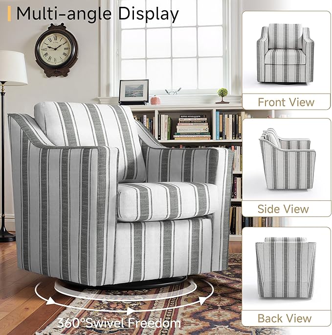 Pia Ricco Set of 2 Oversized Modern Striped Fabric Swivel Accent Chairs with Removable Covers, Living Room Reception Set