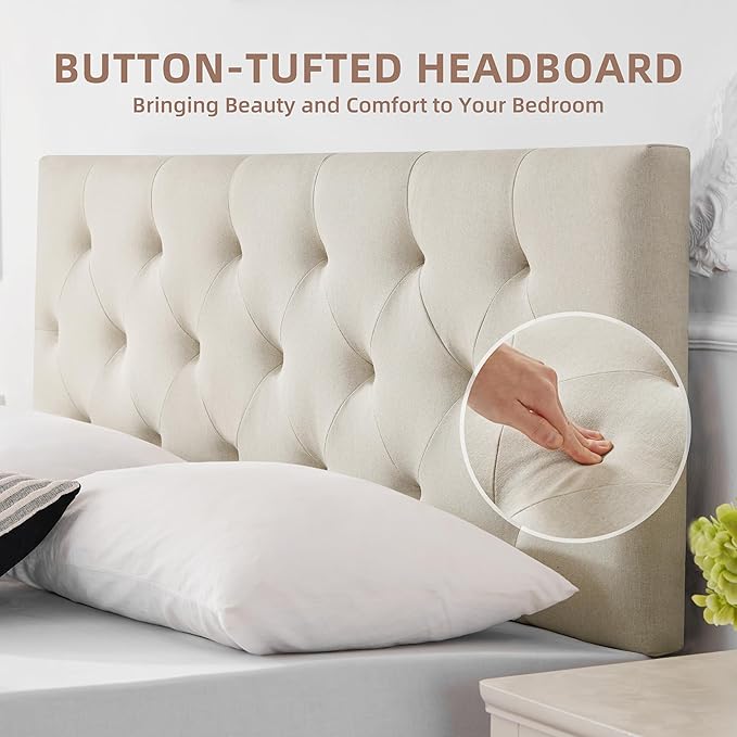 Linen Upholstered Headboard King Size, Modern Diamond Tufting Solid Wood California King Headboard Only, Adjustable Height from 37” to 51” Head Board, Bed Frame or Wall Mount Headboards, Beige