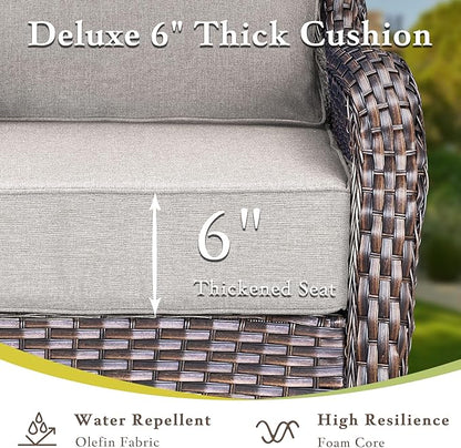 Luxury Outdoor Furniture Set with 6-Inch Thick Cushions, High Back Swivel Patio Chairs with Ottomans & Side Table, Wicker Outdoor Swivel Chairs Set for Porch, Yard, Deck, Poolside, Brown/Beige