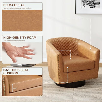 Pia Ricco Faux Leather Swivel Barrel Accent Chairs Set of 2, 360° Swivel Round Single Sofa Chair, Comfy Upholstered Club Armchair with Nailhead Trim for Living Room/Reading Room/Bedroom, Coffee