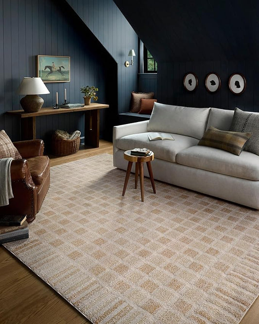 Loloi Chris Loves Julia Calvin Collection CLV-03 Bone/Natural 6'-3" x 9'-6" Area Rug Checkered Neutral Soft Living Room Bedroom Carpet