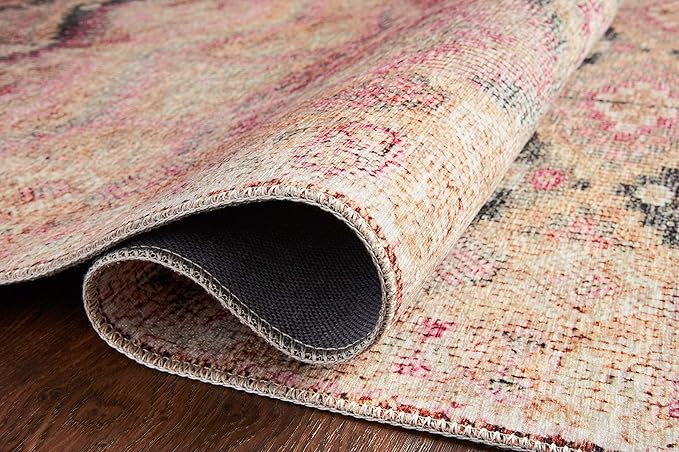 Loloi Layla Collection LAY-17 Pink/Lagoon 7'-6" x 9'-6" .13" Thick Area Rug, Soft, Durable, Vintage Inspired, Distressed, Low Pile, Non-Shedding, Easy Clean, Printed, Living Room Rug