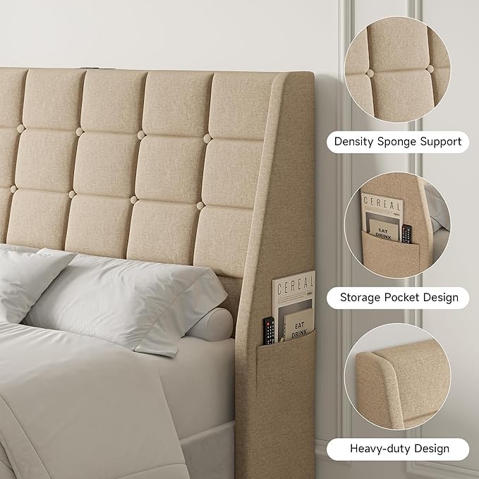 Full Size Headboard with Charging Station, Ergonomic Upholstered Linen Headboards Only, Wingback Wood Bed Head Board with Storage Pocket, Bed Frame Adapters, Beige