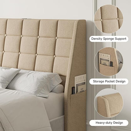 Full Size Headboard with Charging Station, Ergonomic Upholstered Linen Headboards Only, Wingback Wood Bed Head Board with Storage Pocket, Bed Frame Adapters, Beige