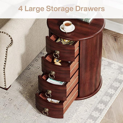 Tribesigns Solid Wood End Table, Round Side Table with 4 Drawers, Vintage Bedside Table Nightstand for Small Spaces, Living Room, Bedroom, No Assembly Required (2, Cherry Brown)