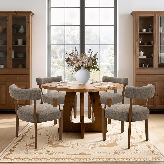 Modern Dining Chairs Set of 2, Walnut Upholstered Kitchen & Dining Room Chairs, Mid Century Wooden Dining Chairs Oversized Sturdy Fabric Rounded Chairs Curved Back, Tan Brown