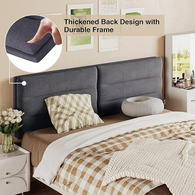 King Size Velvet Headboard Foldable Panels Backboard, Upholstered California King Head Board for Bedroom Adjustable Height from 42" to 56"-Grey