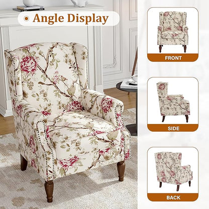 Floral Wingback Accent Chairs Set of 2, High Back Upholstered Armchair, Comfy Fabric Wingback Arms Chairs with Solid Wood Legs, Single Sofa Reading Chair for Bedroom Living Room, Beige