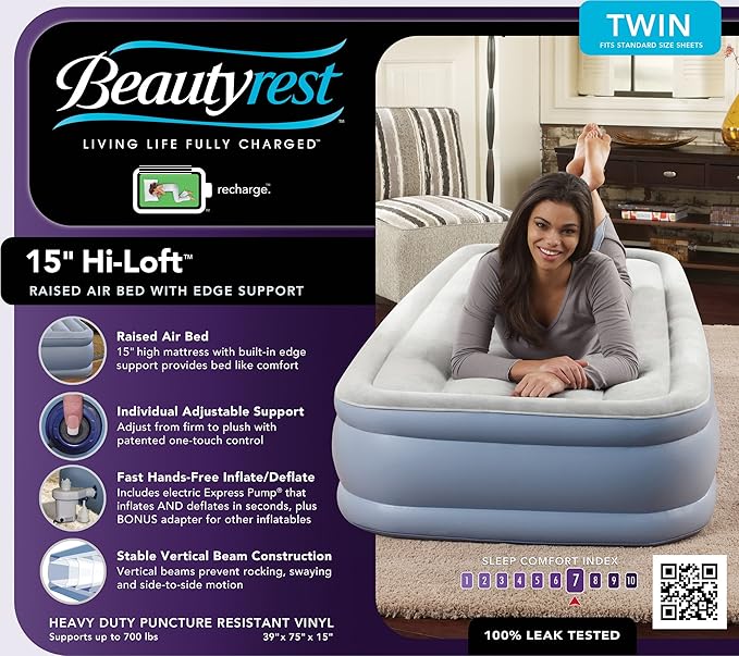 Beautyrest Hi-Loft Twin Size Air Mattress with Vertical Beam Construction, Edge Support, External Pump and Puncture Resistant Vinyl for Guests and Camping (Pack of 2)