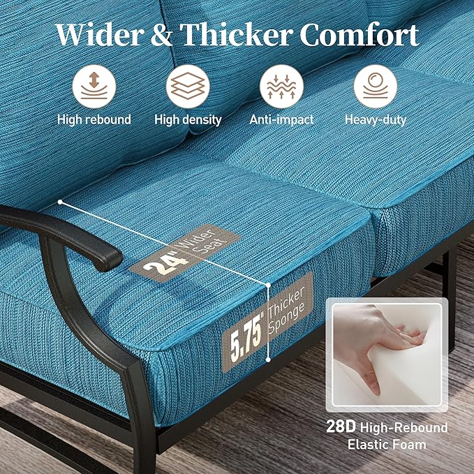 4 Piece Metal Outdoor Patio Furniture Set, Patio Conversation Sets 3-seater Sofa, 2 Swivel Chair with 5.75" Extra Thick Cushion and Coffee Table, Black Frame Backyard Furniture, Blue-2