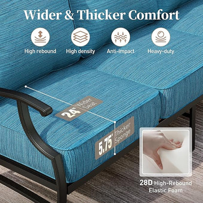 5 Piece Metal Outdoor Patio Furniture Set, Patio Conversation Sets 3-seater Sofa, 2 Fixed Chair, 2 Ottomans with 5.75" Thick Cushion, Black All-weather Frame Backyard Furniture, Blue-2