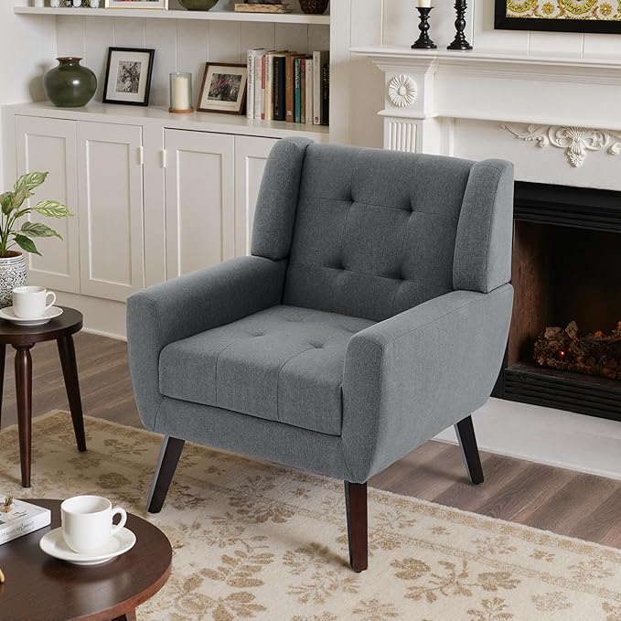 Accent Chairs Set of 4, Mid-Century Modern Upholstered Armchair, Comfy Fabric Living Room Chairs Reading Chairs with Button Tufted Back & Solid Wood Legs for Bedroom, Office, Gary