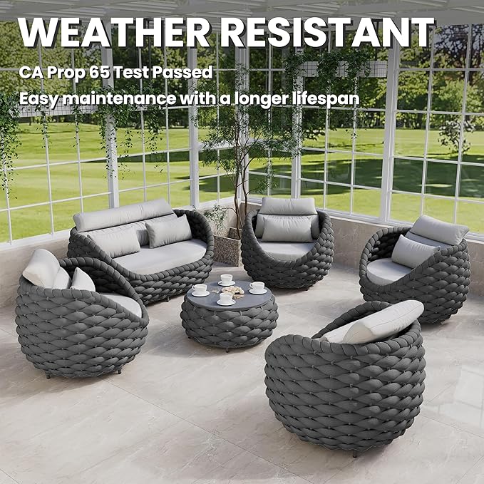6-Piece Alumunim Outdoor Seating Set: All-Weather Patio Accent Furniture Sofa Set, Hand Woven Rope, No Assembly, Modern Garden Lounge Conversation Set for Backyard Deck Porch Poolside Hotel