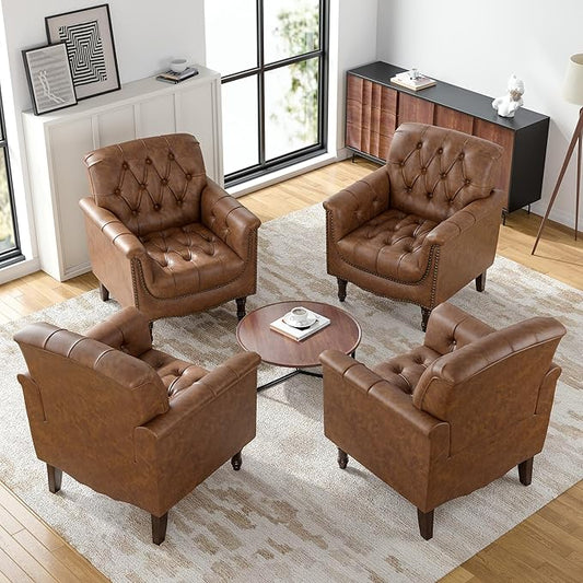 Faux Leather Accent Chairs Set of 4, Upholstered Armchairs with Nailhead Trims & Wood Legs for Living Room, Bedroom, Contemporary Comfy Club Chairs for Office-Brown